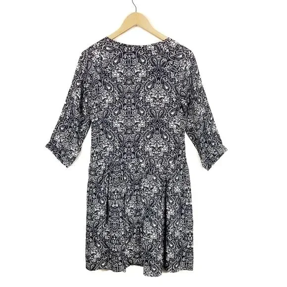 Garnet Hill Navy Blue White Paisley 3/4 Sleeve Dress Size 2